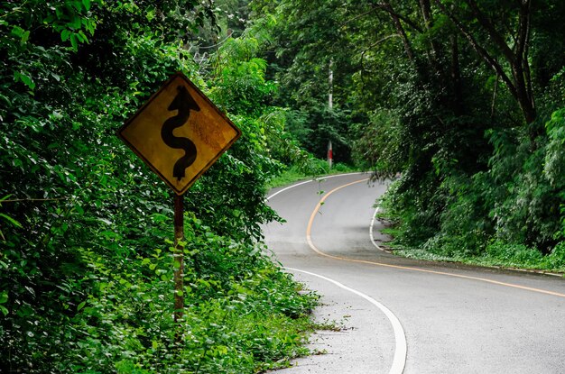 Antiga placa de trânsito colocada ao lado da estrada bagunçada de árvores e grama