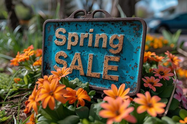 Foto antiga placa de venda de primavera com textura cercada por flores selvagens laranjas.