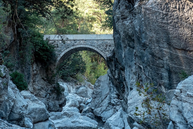 Antiga ponte romana sobre um desfiladeiro sombreado na montanha no cânion Kesme Bogazi, Turquia