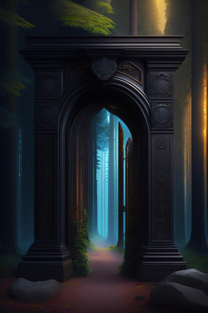 Antiga porta mística misteriosa no meio de uma antiga ilustração escura e sombria da floresta gerada por Ai