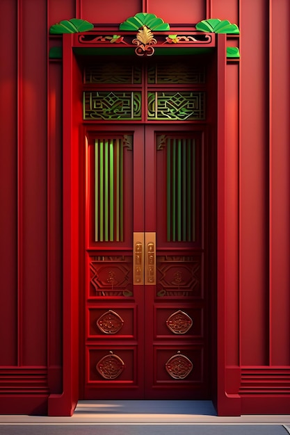 Antiga porta tradicional chinesa esculpida com linda madeira verde na luz solar da manhã b