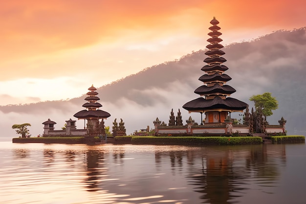 Antiga pura ulun danu bratan besakih ou famoso templo hindu e turista na ilha de Bali ao nascer do sol