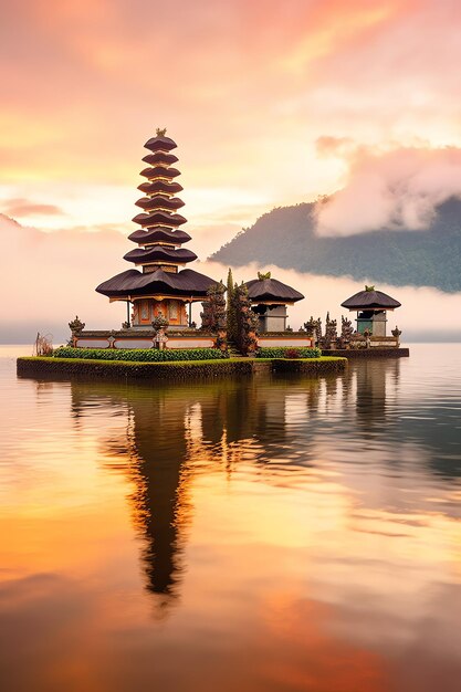 Antiga pura ulun danu bratan besakih ou famoso templo hindu e turista na ilha de Bali ao nascer do sol