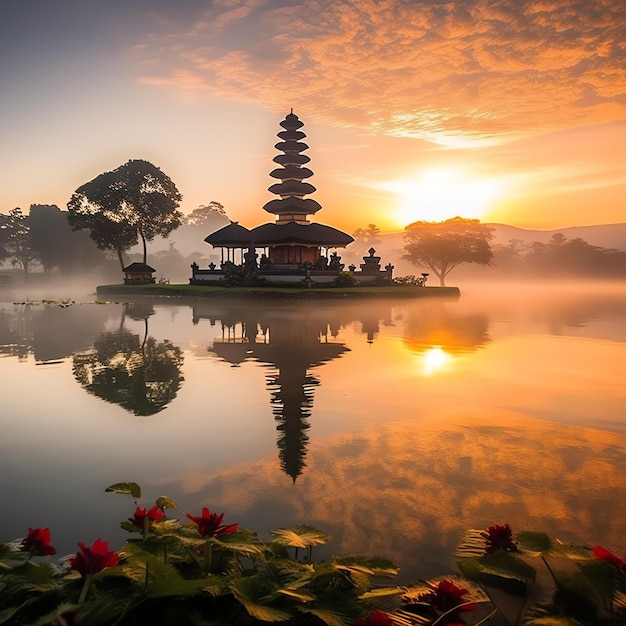 Foto antiga pura ulun danu bratan besakih ou famoso templo hindu e turista na ilha de bali ao nascer do sol