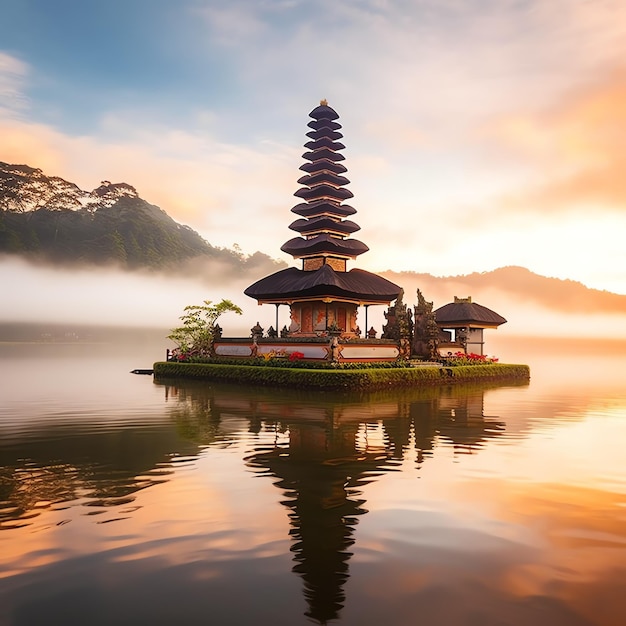 Foto antiga pura ulun danu bratan besakih ou famoso templo hindu e turista na ilha de bali ao nascer do sol