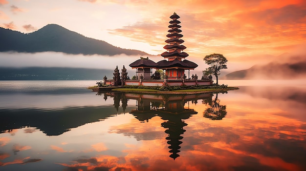 Antiga pura ulun danu bratan besakih ou famoso templo hindu e turista na ilha de bali ao nascer do sol