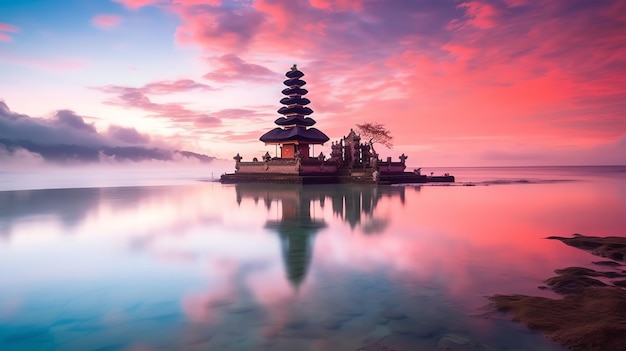 Antiga pura ulun danu bratan besakih ou famoso templo hindu e turista na ilha de bali ao nascer do sol