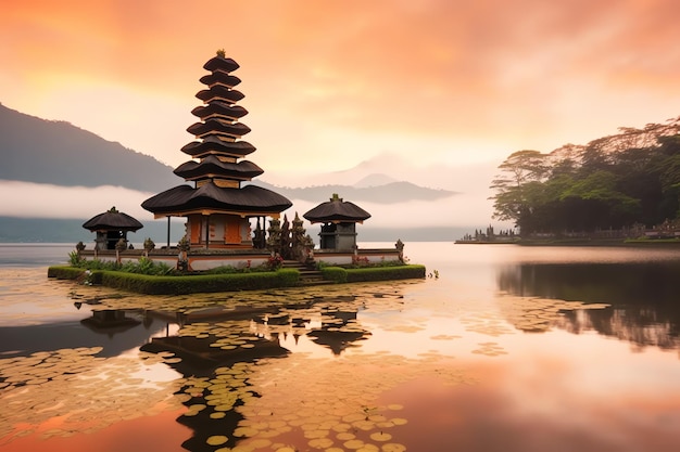 Antiga pura ulun danu bratan besakih ou famoso templo hindu e turista na ilha de bali ao nascer do sol