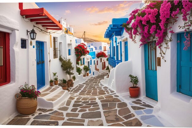 Antiga rua grega tradicional de mykonos com casas coloridas, grécia