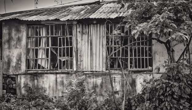 Foto antiga ruína desgastada, abandonada e rústica, uma casa de campo antiga assustadora gerada por ia