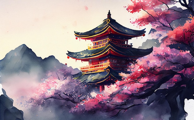 Antiga Ásia pintada em aquarela Arquitetura japonesa do século XIX