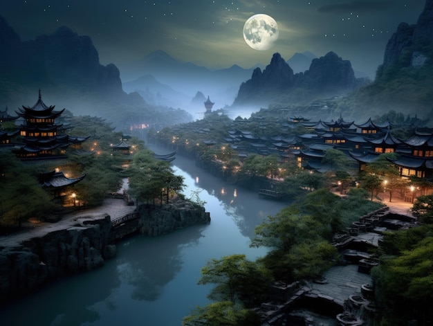 Antiga vila da China bela cena cenário paisagem Lanternas chinesas arquitetura autêntica casas noite mística noite mística rio ruas vazias atmosfera pacífica