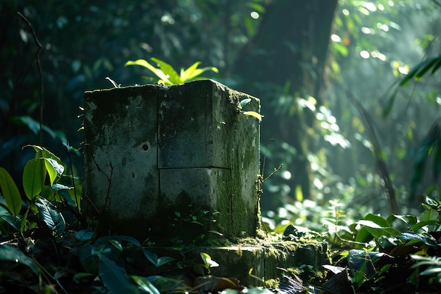 Antigo bloco de concreto na floresta tropical com plantas verdes e luz solar