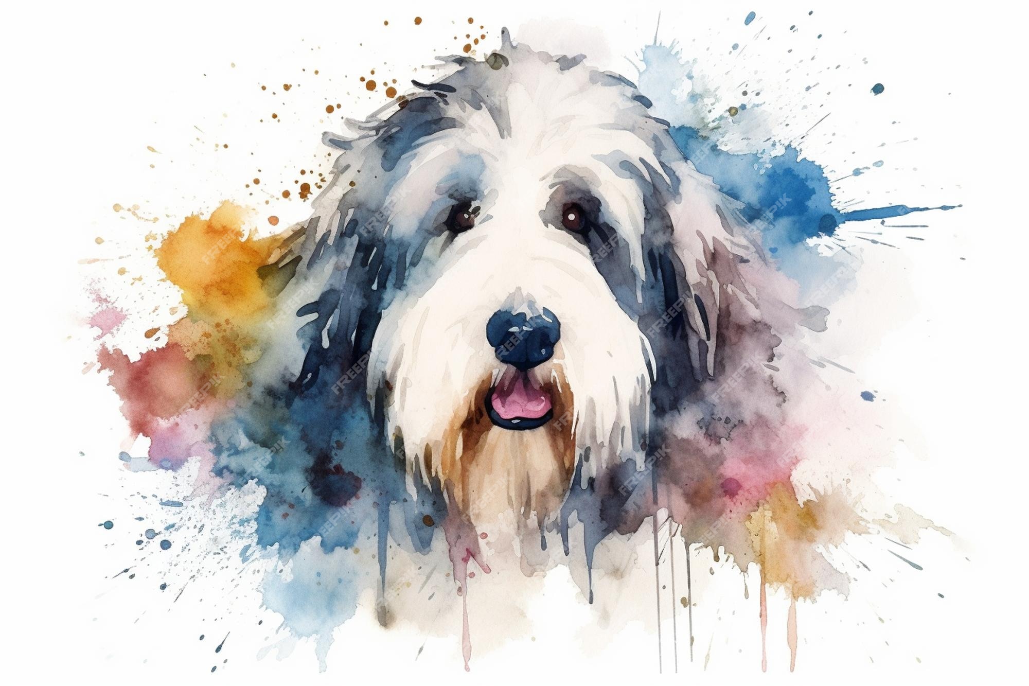 Antigo cão pastor inglês adorável ilustração em aquarela de cachorrinho com  manchas de cor todas as raças de cães