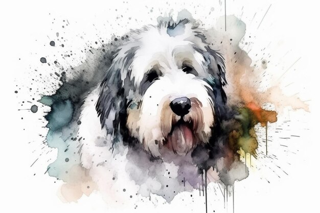 Pastor inglês velho. adorável cachorrinho. ilustração em aquarela com  manchas de cor. todas as raças de cães