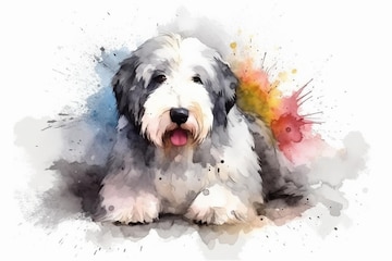 Pintura em aquarela minimalista de um cão pastor inglês antigo em