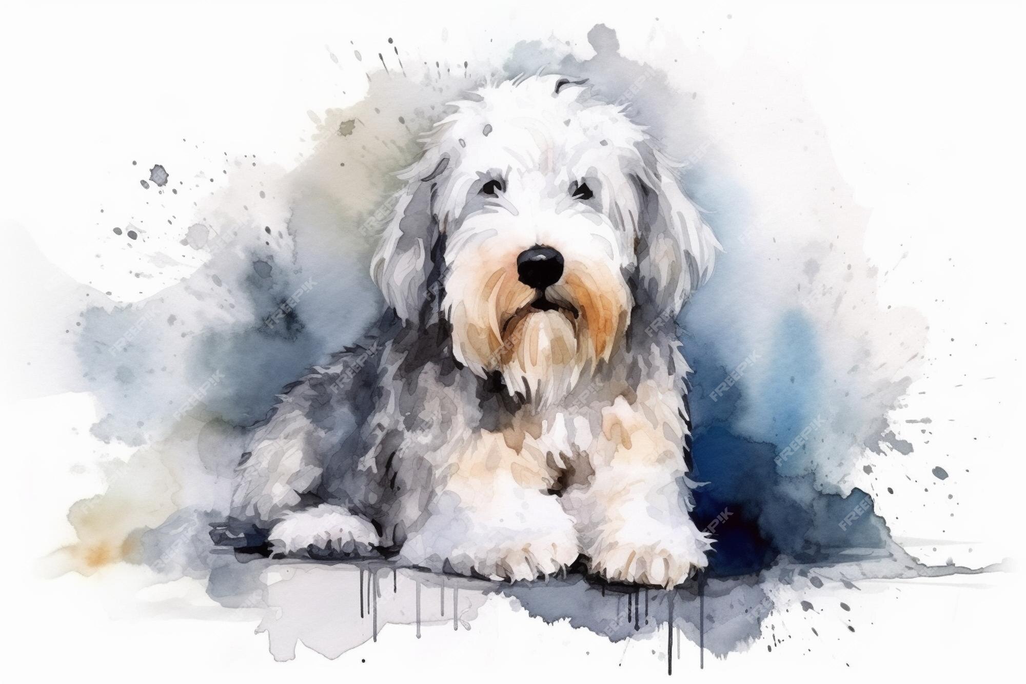 Antigo cão pastor inglês adorável ilustração em aquarela de cachorrinho com  manchas de cor todas as raças de cães