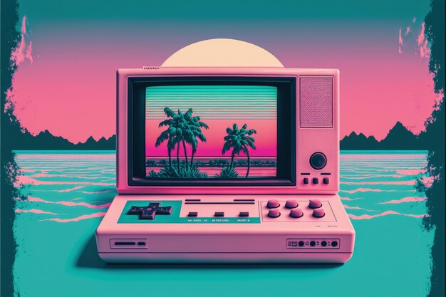 Antigo console de videogame com paisagem ao fundo 16 bits retrô Generative AI