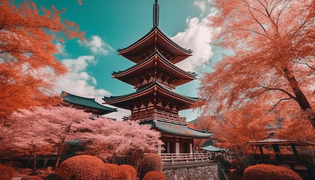 Antigo pagode ergue-se entre flores de cerejeira geradas por IA