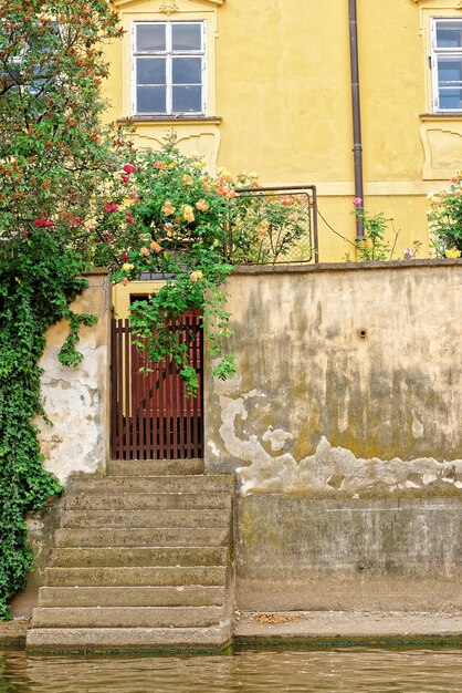 Antigo portão com flores em uma casa em Praga, República Checa