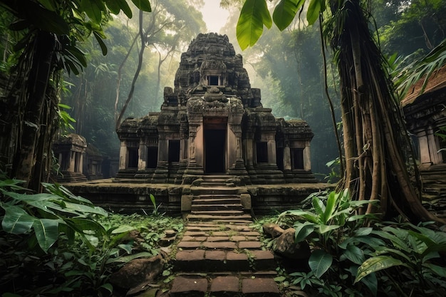 Antigo portão de um templo em uma floresta exuberante