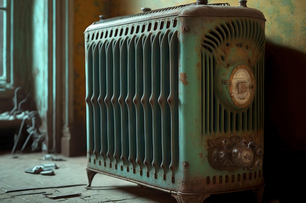 Antigo radiador de aquecimento verde enferrujado com controlador de temperatura