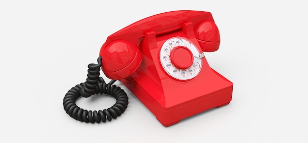 Antigo telefone com discagem vermelha sobre um fundo branco. Ilustração 3D.