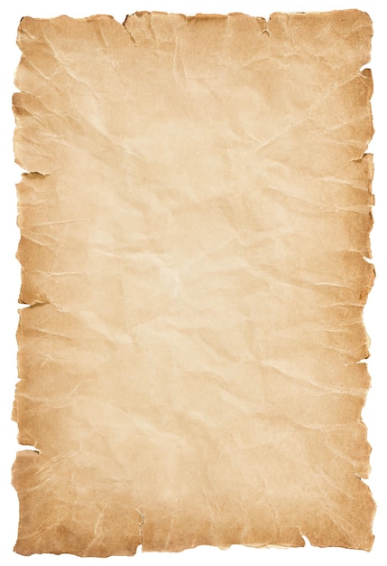 Foto antigo vintage de folha de papel pergaminho envelhecido ou textura isolada no fundo branco.