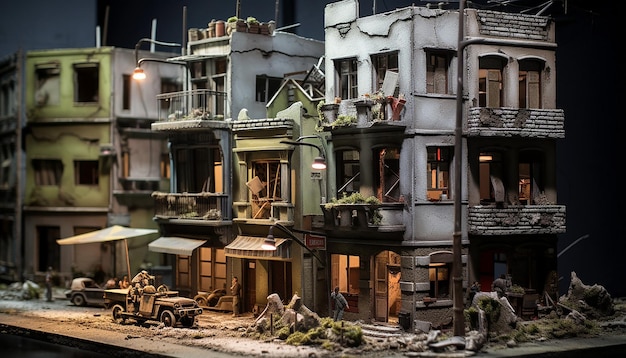 Antigos edifícios cinzentos da Segunda Guerra Mundial em estilo de iluminação em miniatura