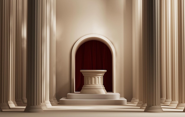 Foto antigos pódios de pilares gregos elegança com cortina vermelha