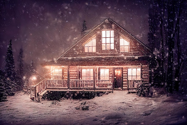 antigua cabaña de madera de estilo escandinavo en el bosque nevado, tema navideño.