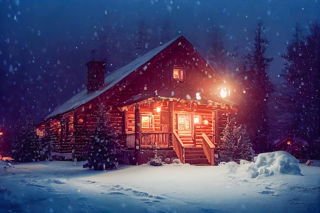 antigua cabaña de madera de estilo escandinavo en el bosque nevado, tema navideño.