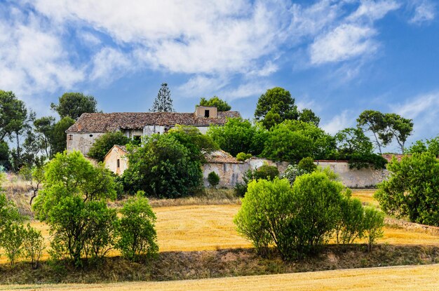 Antigua casa de campo de piedra abandonada en Cataluña rodeada de prados y árboles