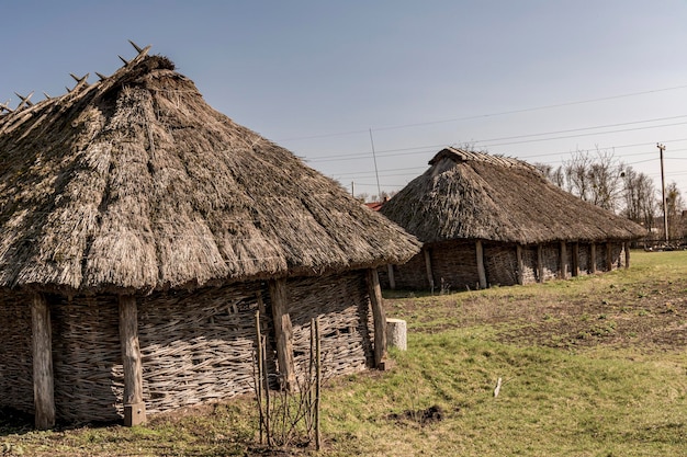 Una antigua casa de campo rural con techo de paja construida con troncos. Edificio tradicional ucraniano