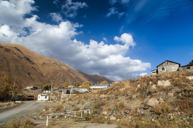 Antigua casa de madera abandonada contra el fondo de los árboles y un cielo nublado Paisaje rural Casa sombría