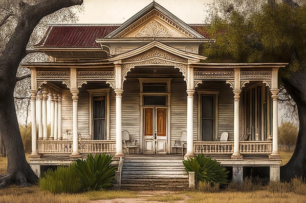 Antigua casa de madera con ventanas arqueadas y columnas en el porche delantero