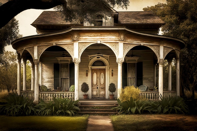 Foto antigua casa de madera con ventanas arqueadas y columnas en el porche delantero