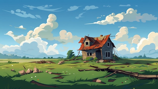 Antigua casa rota en un campo verde bajo un cielo nublado ilustración generada por AI
