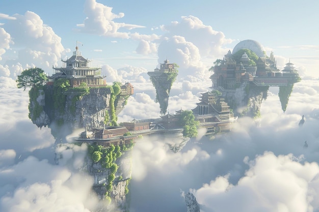 Antigua ciudad en las nubes con templos flotantes o