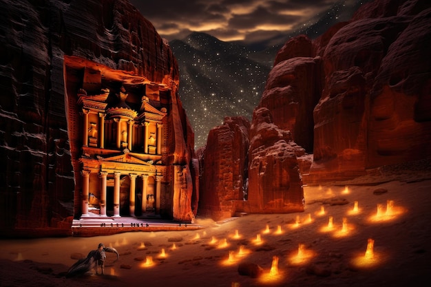 La antigua ciudad de Petra en Jordania por la noche Representación 3D Al Khazneh en Petra Jordania por la noche Generada por IA
