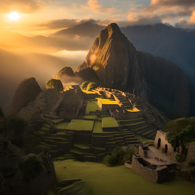 Foto la antigua ciudadela inca de machu picchu al amanecer