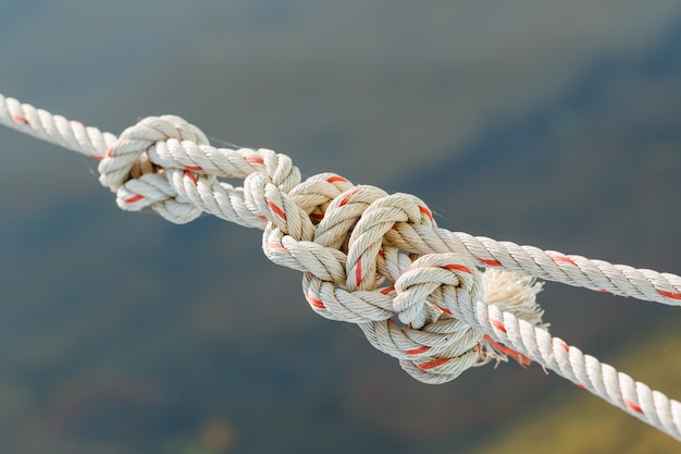 Foto antigua cuerda de barco de pesca con un nudo atado en fondo gris