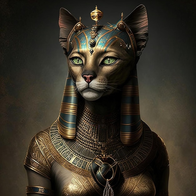 La antigua diosa egipcia Bastet La antigua mujer gato egipcia con joyas de oro IA