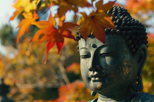 Foto antigua estatua de bronce de daibutsu con arce de otoño en el templo de kotoku en japón