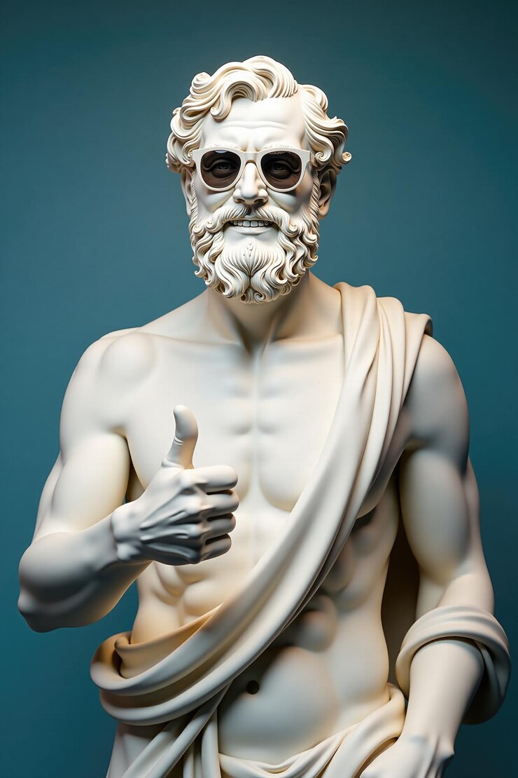 Antigua estatua griega de mármol de un hombre barbudo sonriente con gafas de sol y dando un pulgar