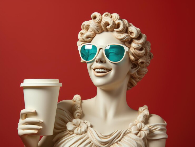 La antigua estatua griega de una mujer blanca sonriendo lleva gafas de sol