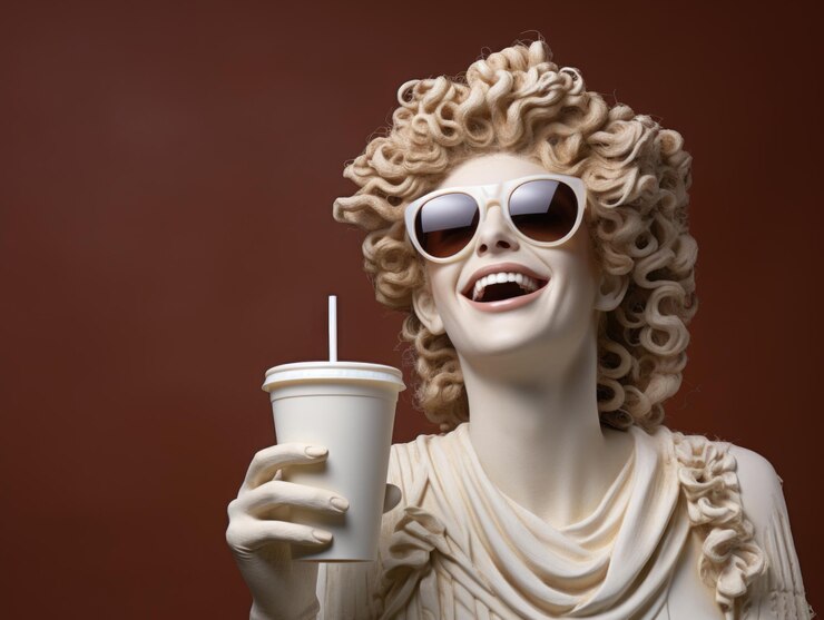 La antigua estatua griega de una mujer blanca sonriendo lleva gafas de sol