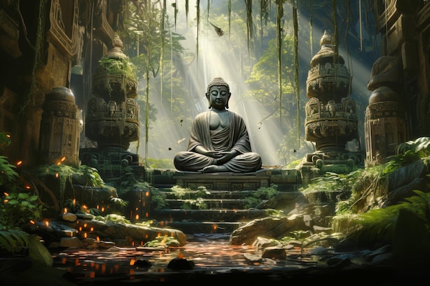 Antigua estatua religiosa hindú de Buda en una densa selva tropical arquitectura religiosa