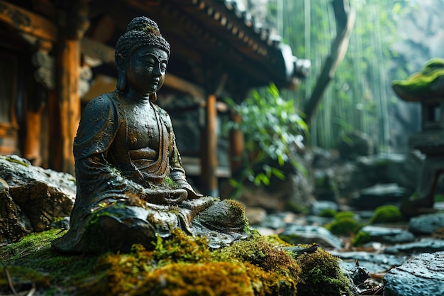 Foto antigua estatua religiosa hindú de buda en la densa selva tropical