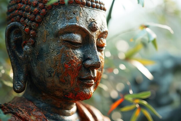 Antigua estatua religiosa hindú de Buda en la densa selva tropical